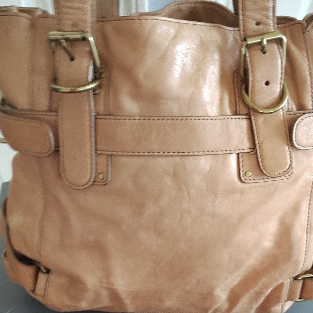 Kooba Natural Tan Elegant Leather Tote with Buckle Accents - Picture 3 of 14